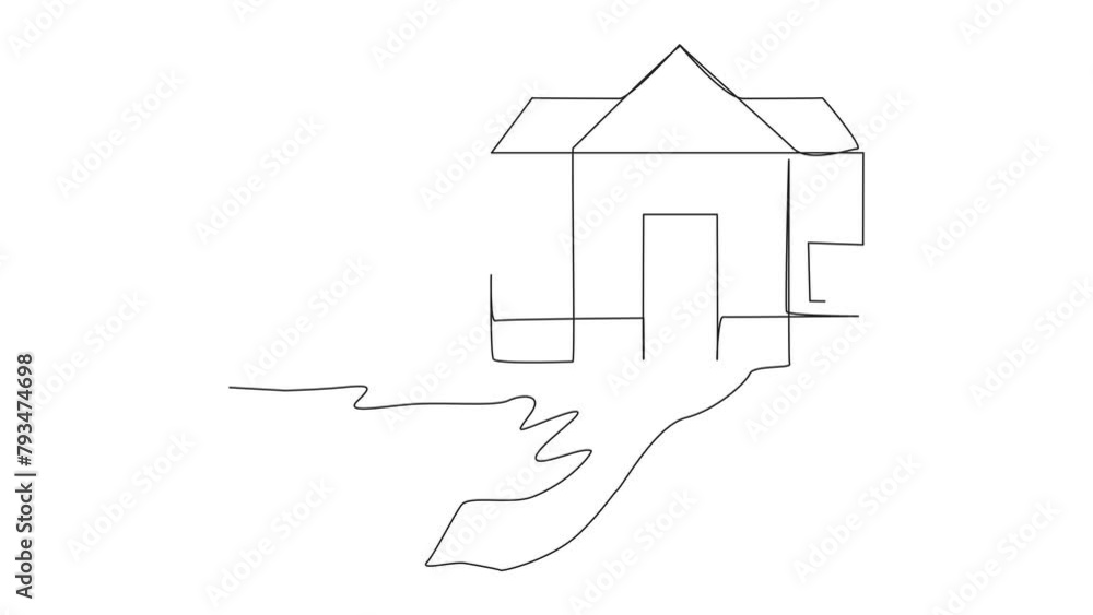 Poster animated self drawing of continuous one line drawing robot pushes miniature house down with its back