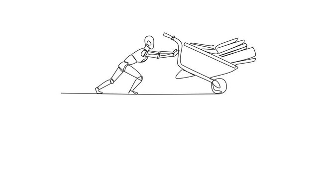 Self drawing animation of single continuous line drawing robot pushes a wheelbarrow filled with piles of paper and binders down from the edge of the cliff. Robotic intelligence. Full length animated