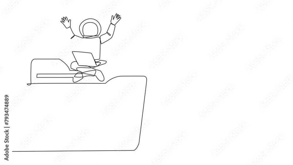 Poster self drawing animation of single one line drawing astronaut sitting on giant folder holding laptop r