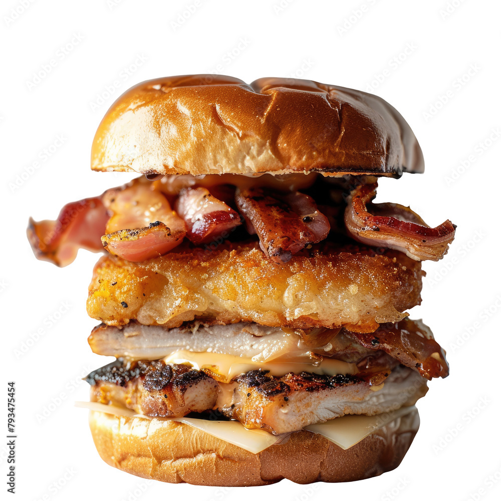 Poster a close up shot of a three layered chicken and meat slider set against a transparent background