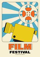Movie festival poster template design with film camera and film reel modern vintage retro style