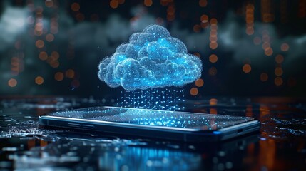 glowing blue cloud of tiny dots over a black phone