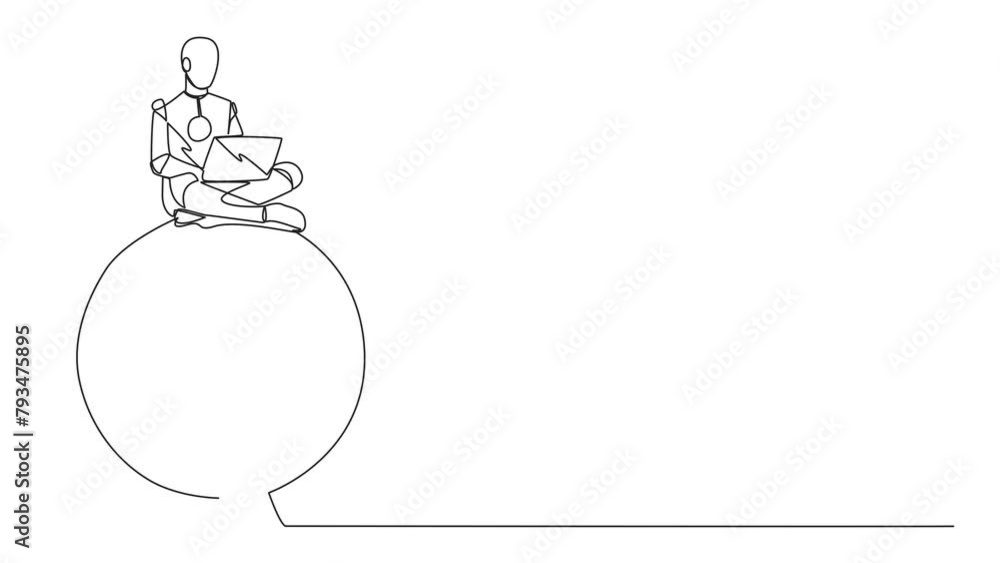 Poster animation of single continuous line drawing robotic artificial intelligence sitting on giant arrow b