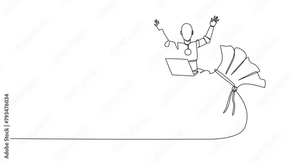 Poster animation of single continuous line drawing robotic artificial intelligence sitting on giant money b