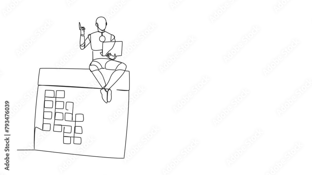 Poster animated self drawing of single one line drawing robotic artificial intelligence sitting on giant de