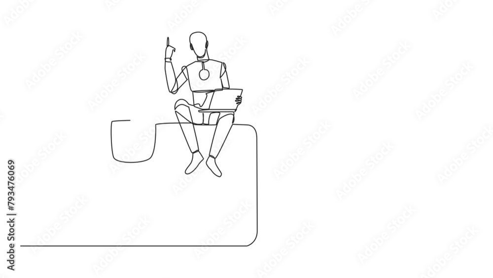 Poster animated self drawing of continuous one line drawing of robotic artificial intelligence sitting on g