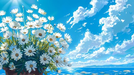 White daisy bouquet by the seaside illustration  poster background 