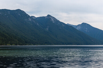 Beautiful waters of the Chilliwack Lake park clouds and mountains