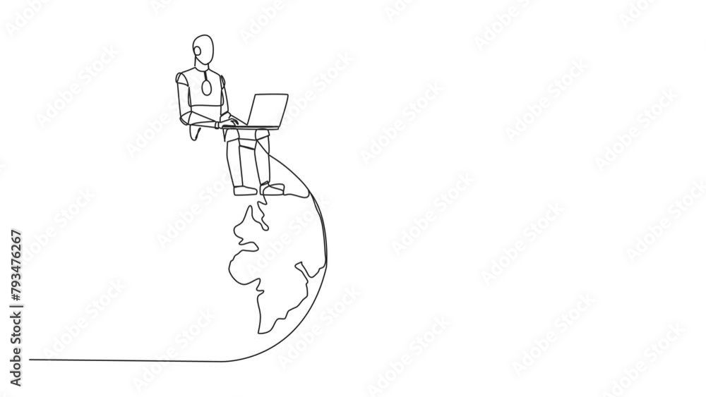 Poster animation of continuous one line drawing robotic artificial intelligence sitting on giant globe typi