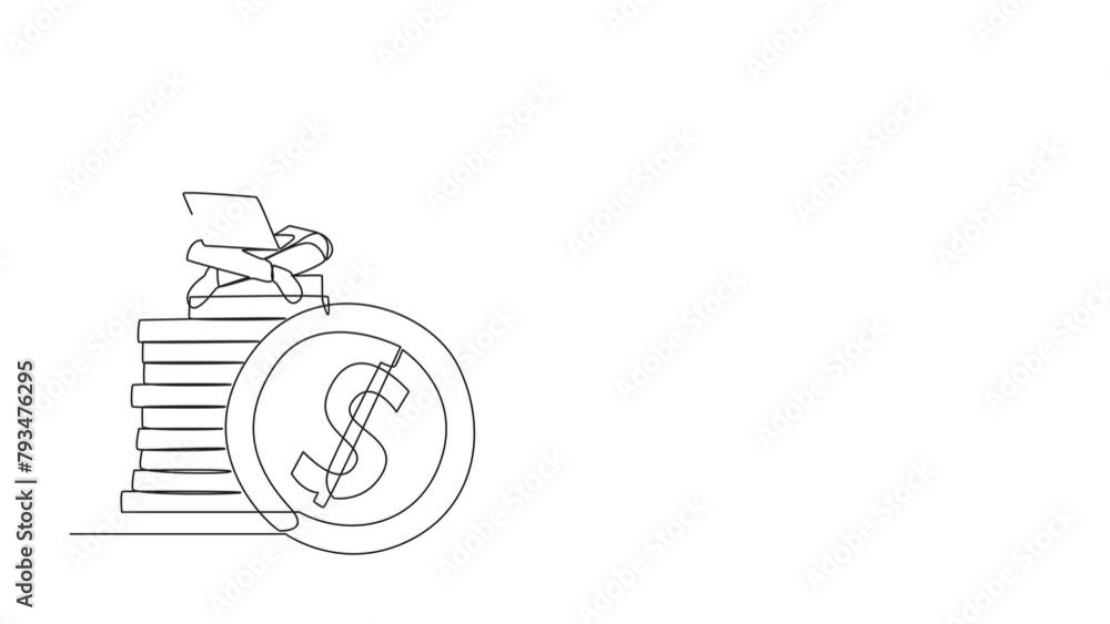 Poster animation of single continuous line drawing robotic artificial intelligence sitting on stack of gian