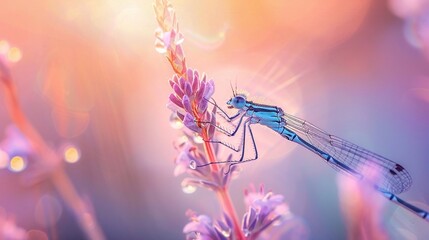 Stunning macro wallpaper featuring a Polish Azure Damselfly resting on a flower. Captured in natural sunrise light, highlighting the beauty of the natural environment