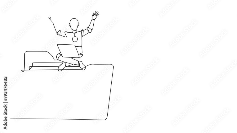 Poster animation of single one line drawing robotic artificial intelligence sitting on giant folder holding