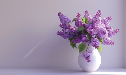 interior styling : Lilac Flowers in White Vase Against White Wall with natural light 