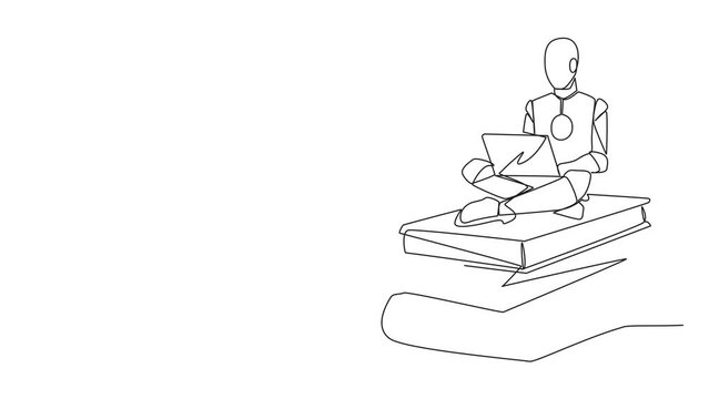 Self drawing animation of animation of single one line drawing robotic artificial intelligence sitting on a giant folder holding a laptop raise both hands. Robot restore data. Full length animated.