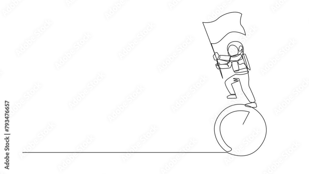 Poster self drawing animation of single one line drawing astronaut standing on giant stack of dollar sign c