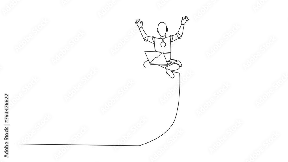 Poster self drawing animation of continuous one line drawing robotic artificial intelligence sitting on a g