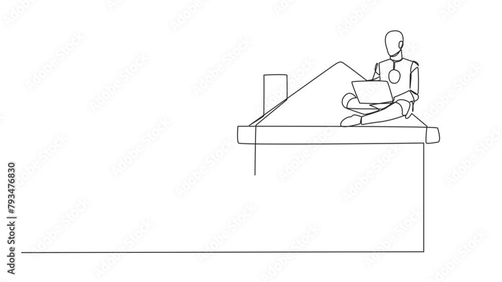 Poster animation of single continuous line drawing robotic artificial intelligence sitting on miniature hou