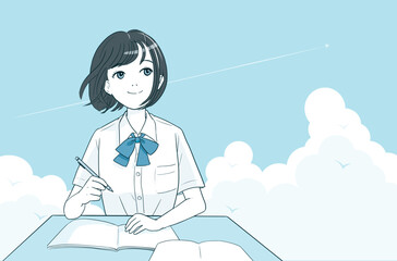 勉強する夏服姿の女子学生のベクターイラスト