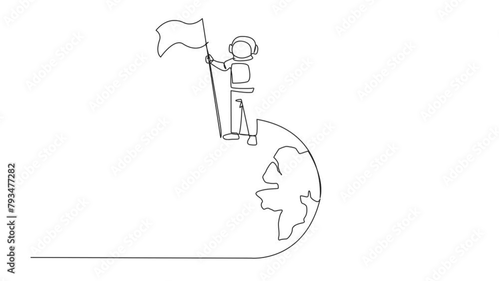 Aufkleber animated self drawing of continuous one line drawing astronaut standing on giant globe holding flutt