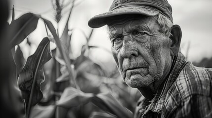 A senior farmer captured in a striking black and white photo is immersed in inspecting the cornstalks flourishing in his corn field
