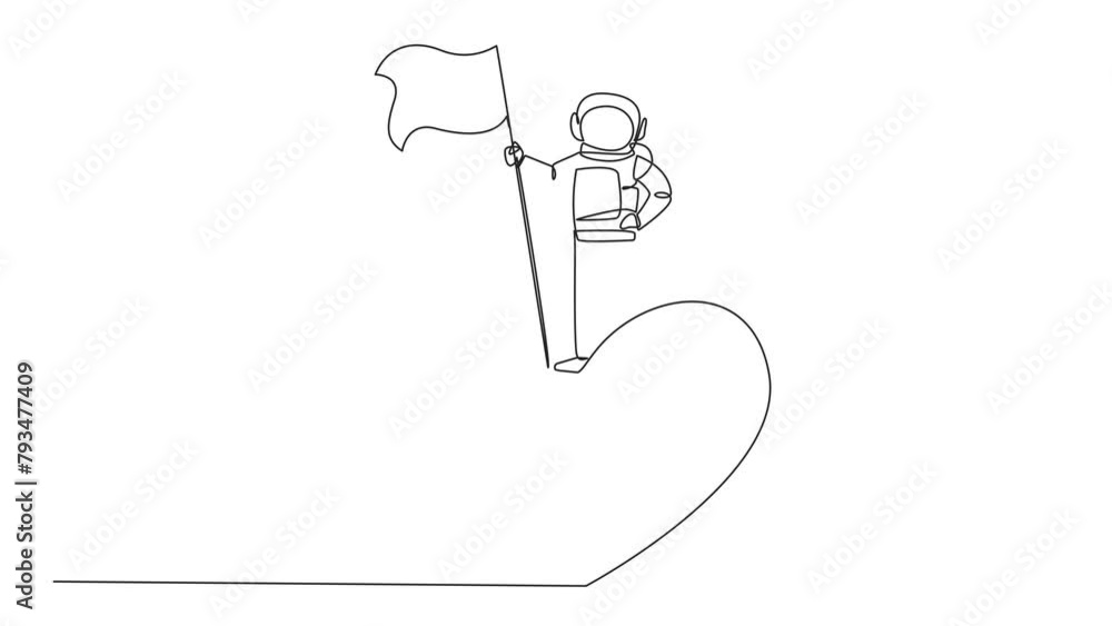 Poster self drawing animation of single continuous line drawing energetic astronaut standing on giant symbo