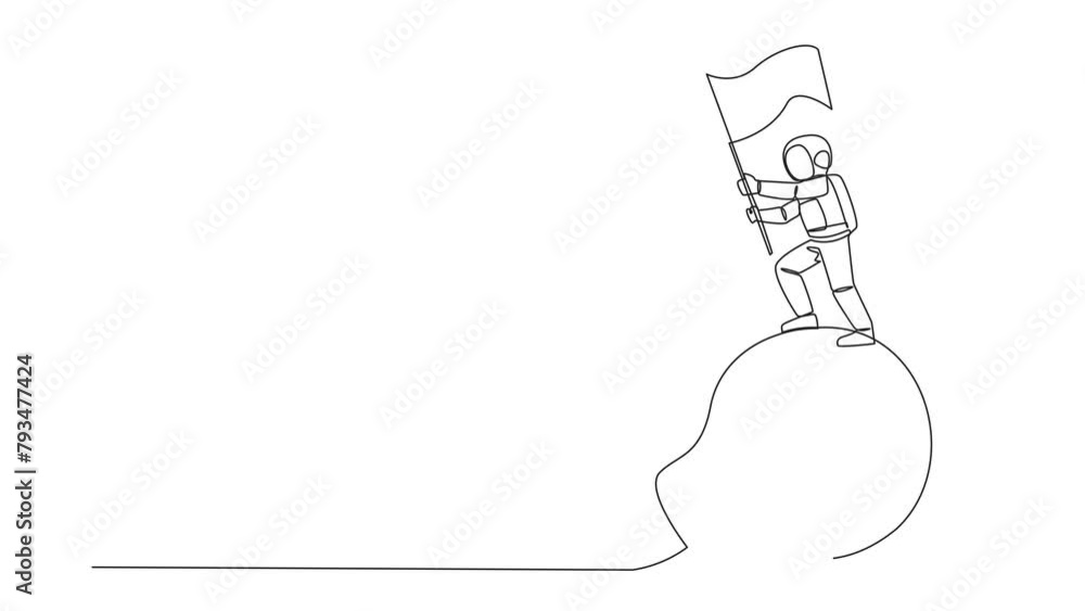 Poster animated self drawing of single line drawing astronaut standing on giant lightbulb holding flutterin