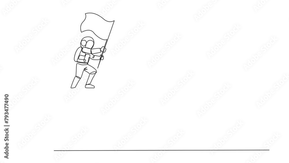 Poster animated self drawing of single one line drawing astronaut standing on giant clipboard holding flutt