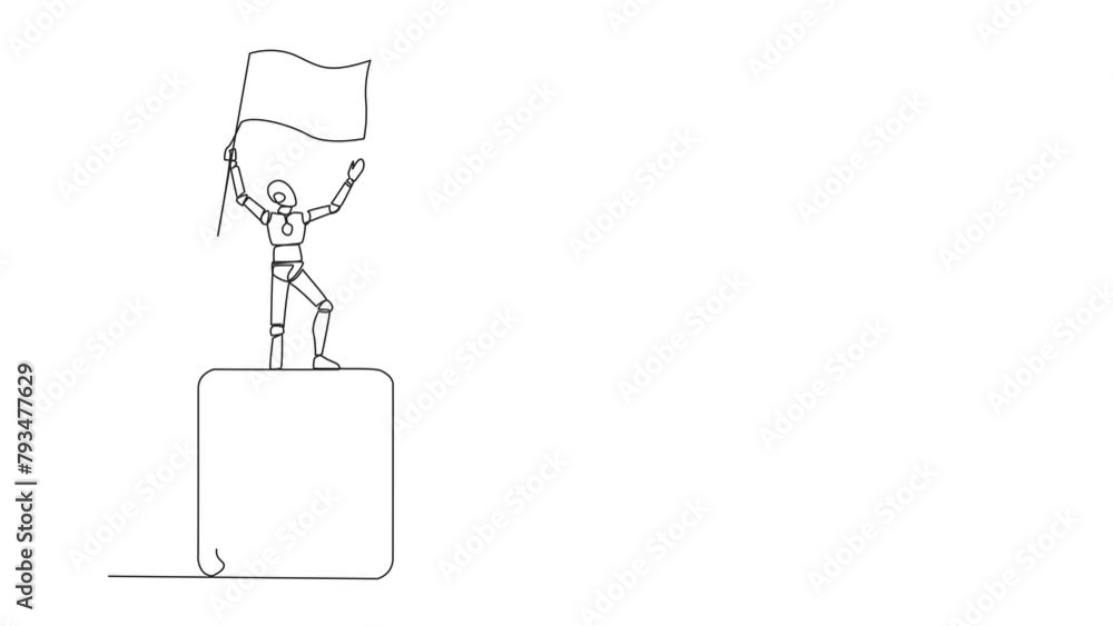 Poster self drawing animation of a single line drawing of robotic artificial intelligence standing on giant