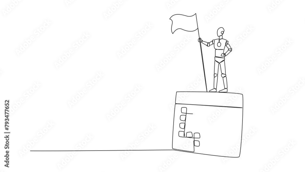 Poster animation of continuous one line drawing of robotic artificial intelligence standing on a giant desk
