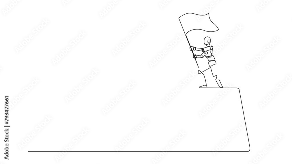 Poster self drawing animation of single one line drawing robotic artificial intelligence standing on giant 