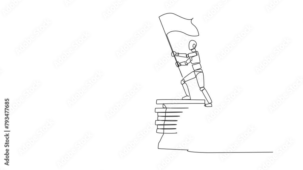 Poster self drawing animation of single continuous line drawing of robotic artificial intelligence standing