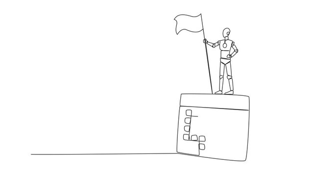 Animation of continuous one line drawing of robotic artificial intelligence standing on a giant desk calendar holding the fluttering flag. Future technology robot concept. Full length motion
