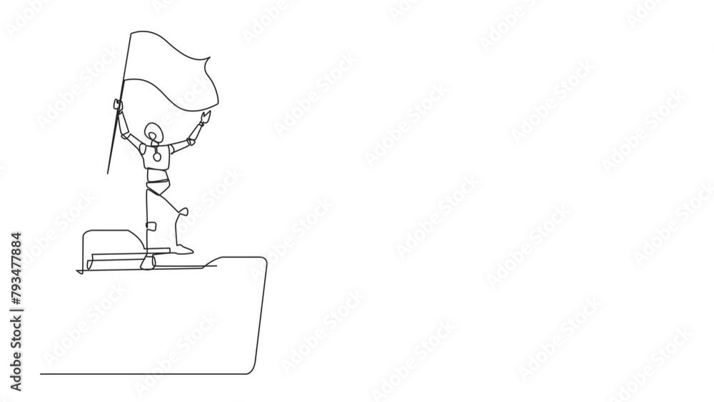 Poster self drawing animation of a single continuous line drawing of robots standing on a big folder icon h