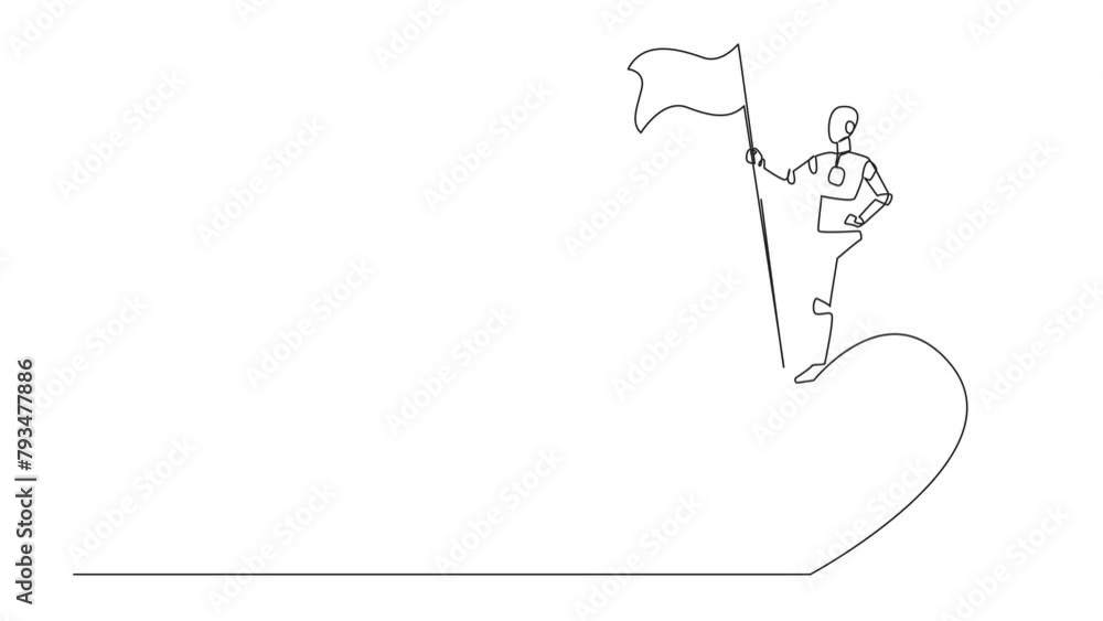 Aufkleber animation of a single one-line drawing of a robot standing on a giant symbol heart holding the flag 