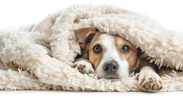 pet care essentials a white dog with brown ears, eyes, and a black nose rests under a blanket, with