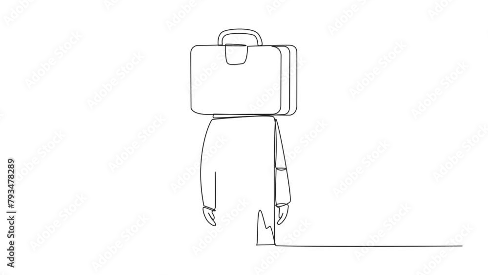 Poster self drawing animation of single continuous line drawing young astronaut with briefcase instead of h