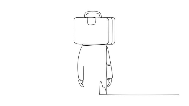 Self drawing animation of single continuous line drawing young astronaut with briefcase instead of head, stand facing forward. Always think about expedition to the moon surface. Full length animated