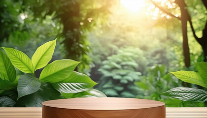 Product presentation with a wooden podium set amidst a lush tropical forest, with vibrant green leaves and sunlight filtering through trees. 3d rendering.