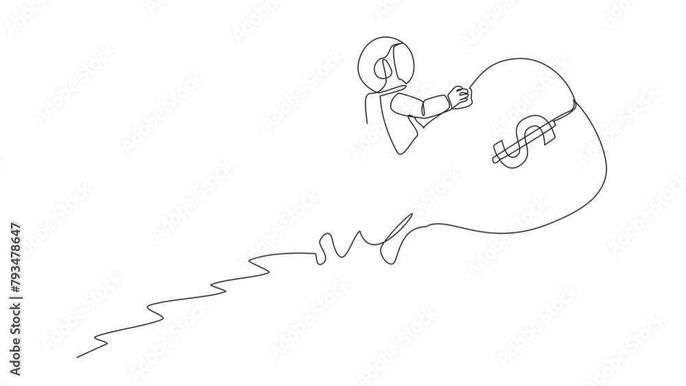 Poster animation of single continuous line drawing astronaut ride on a money bag that looks like a rocket. 