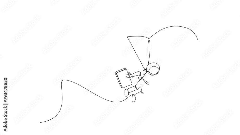 Poster self drawing animation of continuous one line drawing energetic astronaut flying with parachute hold