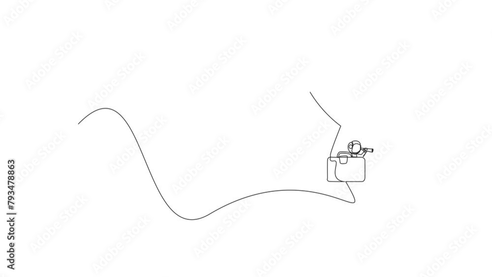 Poster animated self drawing of single one line drawing young energetic astronaut using a monocular, flying