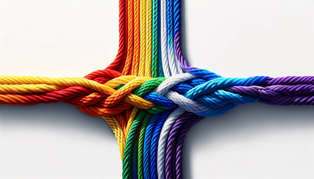 Braided ropes in the vivid colors of the rainbow, red, orange, yellow, green, blue, indigo, and violet pride equality wallpaper background