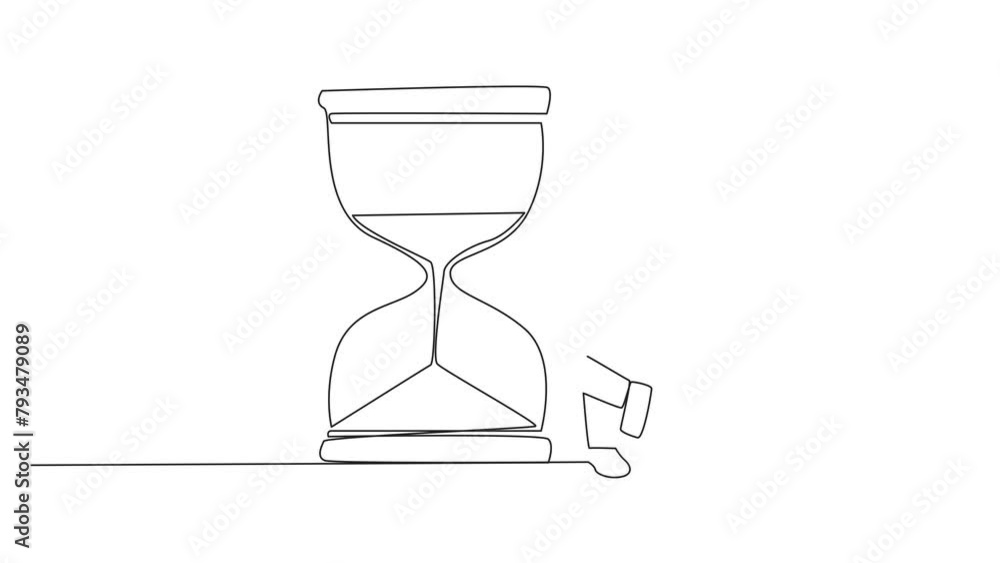 Poster self drawing animation of continuous one line drawing energetic astronaut lean on giant hourglass. c