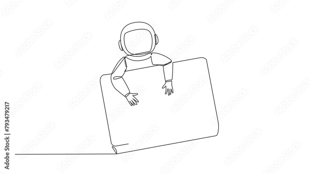 Poster animation of continuous one line drawing young astronaut hugging laptop. prepare to transmit data ne