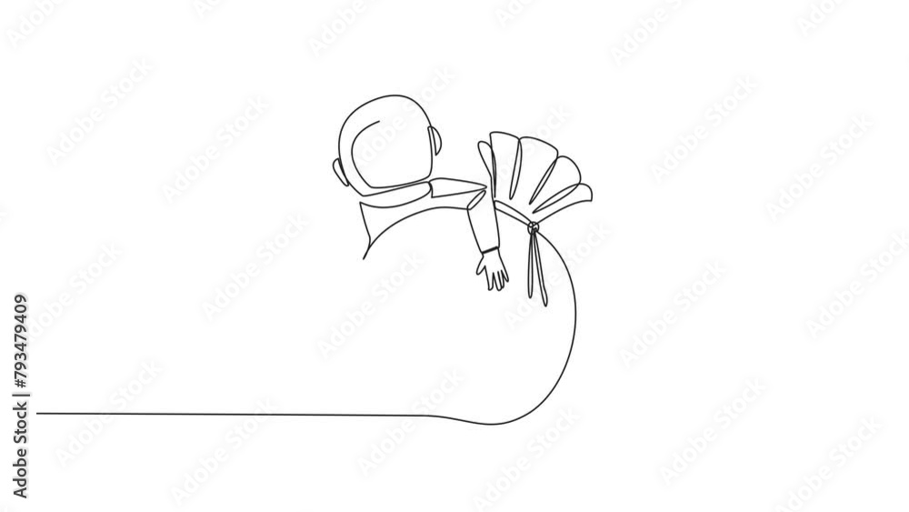 Poster self drawing animation of single continuous line drawing astronaut hugging money bag. the expedition