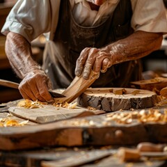 A carpenter is working on a wood project in his workshop.