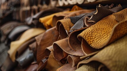 A close up image of a stack of leather hides in various shades of brown and yellow. - obrazy, fototapety, plakaty