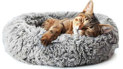 pet care essentials a sleeping cat with pointy ears and a closed eye rests on a pet bed, while a br - obrazy, fototapety, plakaty