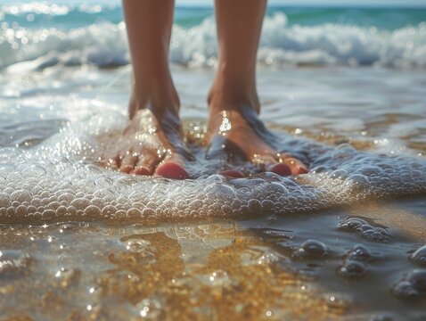 A close-up of a person's bare feet standing in the foamy water at the beach.