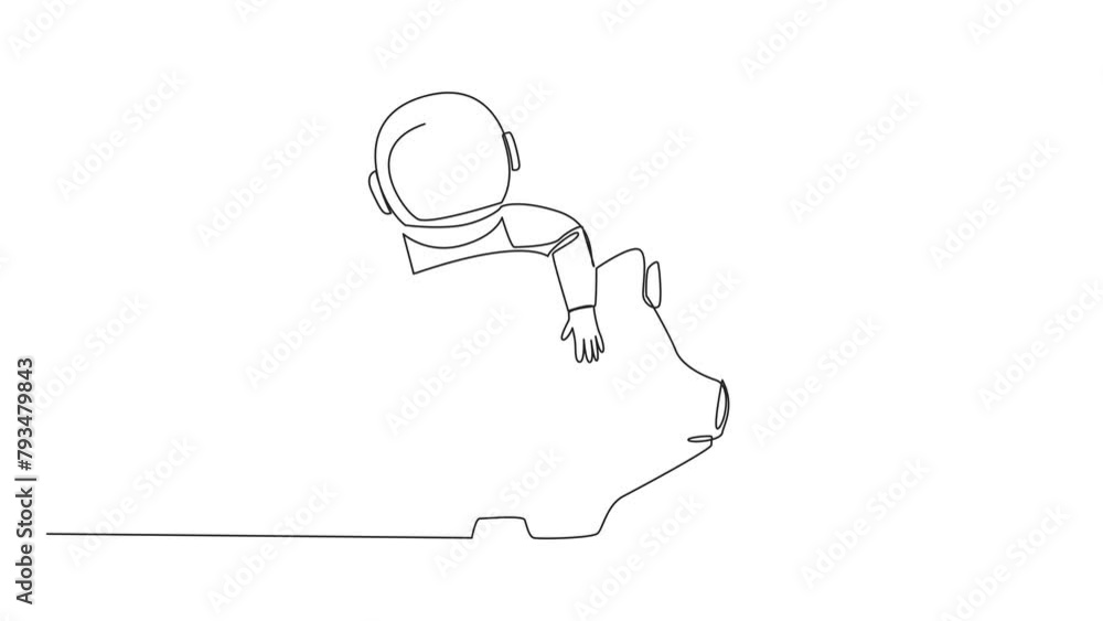 Poster animation of single continuous line drawing young energetic astronaut hugging a piggy bank. saving m